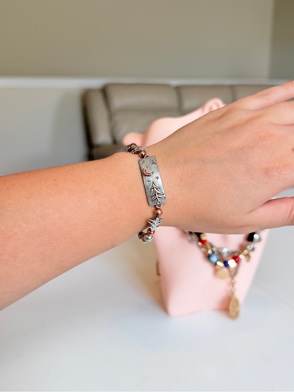 Silver Tone Moon & Tree Beaded Bracelet - Women's Jewelry